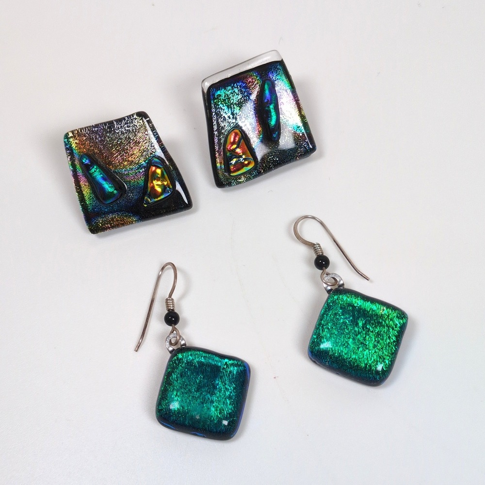 Handcrafted Dichroic Fused Glass Earring Set Multi Green Geometric 2 Pairs OS